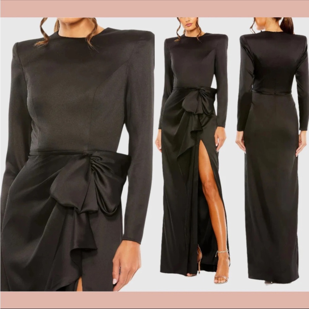 Mac Duggal Black Long-Sleeve Satin Gown with Side Bow and Thigh Slit